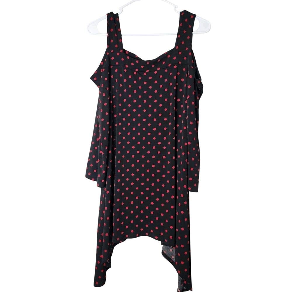 Clara Sun Woo Cold-Shoulder Tunic Top Size Large Polka Dot Black Red‎